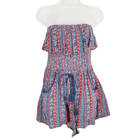 Band of Gypsies Sz S Off-Shoulder One-Piece Romper Shorts Boho Smocked Tassel - Picture 1 of 5